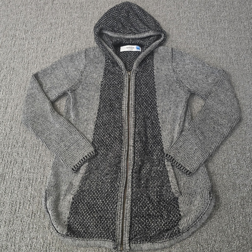 Sparrow S Marled Knit Hooded Cardigan Sweater Black Gray Zip Lagenlook Boho